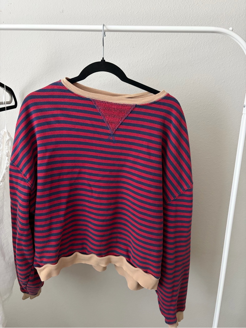 Free People Navy and Red Striped Crew Sweatshirt with Cream Trim